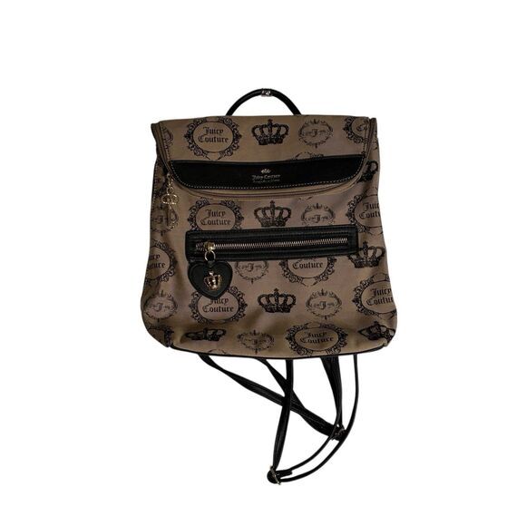 A Juicy Couture tan And Black Medium Backpack With Crown And Key. Fold Over Top - Picture 1 of 13
